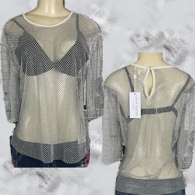 Torn By Ronny Kobo L Silver Sheer Mesh Black Crystal Accent Half Sleeve Samm Top - Image 1 of 4