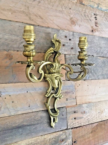 ANTIQUE FRENCH LOUIS XV STYLE HEAVY BRASS / BRONZE TWIN WALL LIGHT CANDLE SCONCE Cover