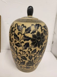 VINTAGE 12" SIGNIERT CHINESISCH BLAU BLUMEN DECKEL TEMPEL KRIEGER GLAS KERAMIK GLASUR INNEN - Bild 1 von 20