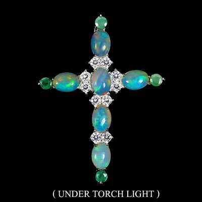 925 Sterling Silber Anhänger Oval Feuer Opal 7x5mm Smaragd Edelstein Kreuz - Bild 1 von 4