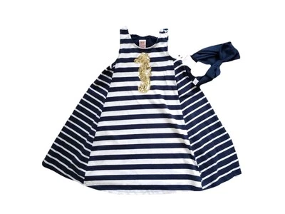 NEW- TOMMY BAHAMA BLUE & WHITE STRIPED GOLD SEQUIN SEAHORSE DRESS Girls Size 6 - Image 1 of 4