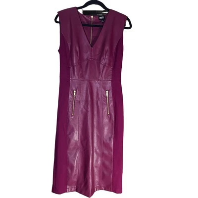 INC Womens V-Neck Faux-Leather MIDI Dress - Rhodolite Garnet - Sz 6 - Image 1 of 4