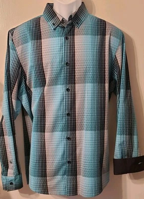 Alfani Mens Shirt With Contrast Cuffs. Teal, Gray & Black. NWT, Sz-L - Image 1 of 4