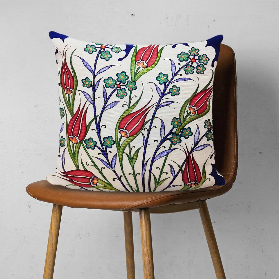Turkish Tulip Tile Pattern Gobelin Pillow Covers,Tapestry Decorative Pillow Case - Image 1 of 4
