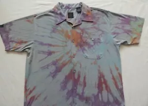 Tie Dye Blue Purple Gray Short Sleeve Button Up Shirt - Medium Mens Hand Made - Picture 1 of 5