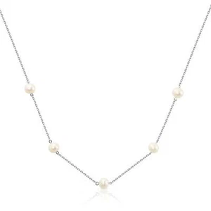 925 Solid Sterling Silver Natural White Freshwater Pearl Station Necklace 18" - Picture 1 of 2