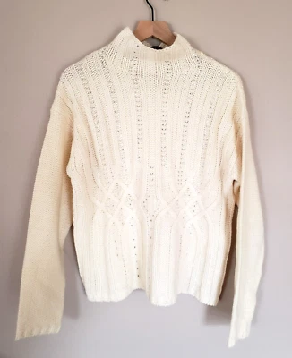 NWT Donna Karan Ivory Beaded Cable Knit Sweater Sz L Wool Blend Mock Neck $350 - Image 1 of 4