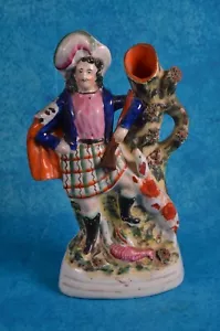 SUPERB MID 19TH CENTURY STAFFORDSHIRE FIGURE: A HUNTER MAN & DOG GROUP SPILL - Picture 1 of 11