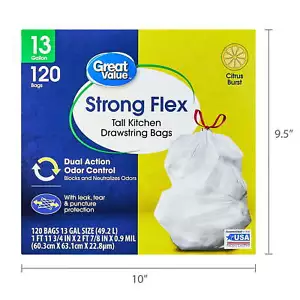 Great Value Strong Flex Tall Kitchen Drawstring Trash Bags,13 Gallon,120 Count - Picture 1 of 10