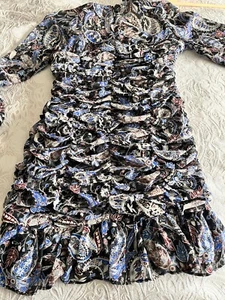 BNWT!! Zara Paisley Chiffon Ruched Mini Dress Metallic Thread Lined S 8 Xs - Picture 1 of 11