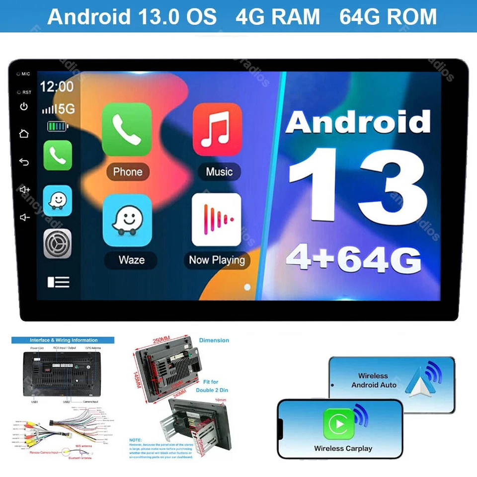 10.1" Android 13 Apple Carplay 4G+64GB Car Stereo Radio GPS Navi WiFi Double Din - Image 1 of 4