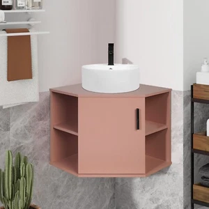 28" Schwebender Badezimmer Eck-Waschtischunterschrank mit offenem Regal Rosa Wandmontage - Bild 1 von 8