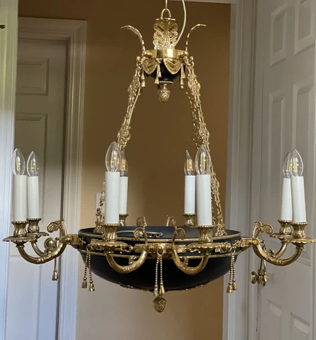 Regal French Empire Regency Brass Black Tole Chandelier Vintage 31” Tassels Cover