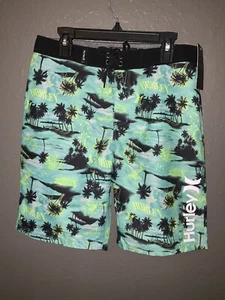 HURLEY Boys Black/ Green Print Hawaiian Themed Board Shorts Size 14/ 27 NWT - Picture 1 of 3