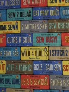LICENSE PLATES QUILTERS SEWERS FABULOUS SAYINGS COTTON FABRIC FQ  - Picture 1 of 1