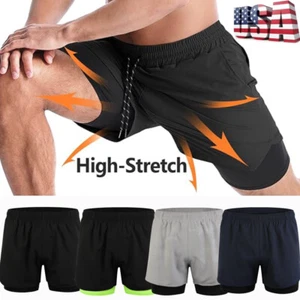 2 in1 Quick Dry Men's Sports Shorts Fitness Workout Running Shorts Pockets Pants - Picture 1 of 26