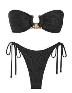 Sexy Bandeau Sin Tirantes Ajustable Lazo Espalda Bikini Acanalado Metal Anillo Lado... - Imagen 1 de 7