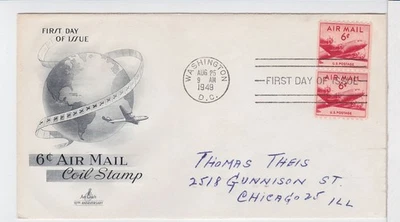 TurtlesTradingPost- 6 Cent Airmail 1949 FDC #C41 Coil Pair- Artcraft Cachet - Image 1 of 2