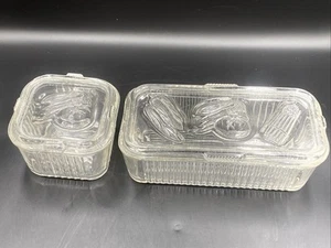Vintage Federal Ribbed Clear Glass Refrigerator Dishes w/Vegetable Top Lids 2pcs - Picture 1 of 16
