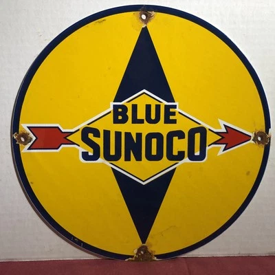VINTAGE BLUE SUNOCO GASOLINE 11 3/4" PORCELAIN GAS SIGN SUN OIL COMPANY - Image 1 of 4