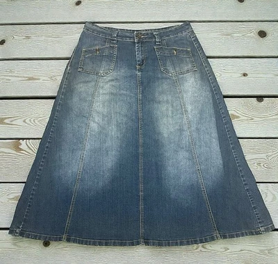 Falda Denim Larga Y2k Corneada Acampanada 14 Piedra Lavada Elastizada Modesta Pradera Boho Foto 1 de 4