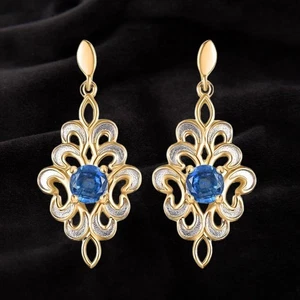 Stunning 18k Gold Vermeil Kyanite & White Zircon Dangle Drop Earrings - Picture 1 of 9
