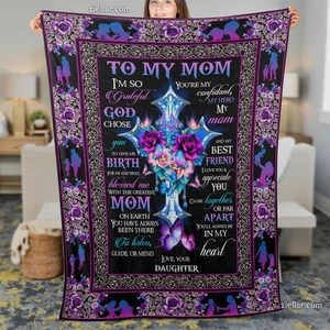 Manta polar To My Mom, regalo personalizado con colibrí y flores moradas - Imagen 1 de 4