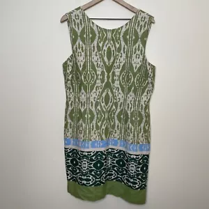 Tahari Sleeveless Sheath Dress Size 14 Green Linen Blend Ikat Workwear Casual - Picture 1 of 6