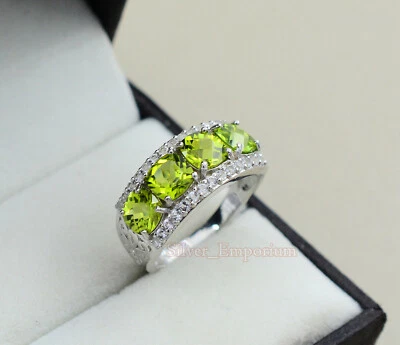 925 Sterling Silver Natural 6 MM Peridot Cushion August Birthstone Cluster Ring - Image 1 of 4