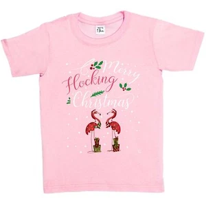 1 T-Shirt Kinder Mädchen Frohe Beflockung Weihnachten Flamingo Stechpalme - Bild 1 von 25