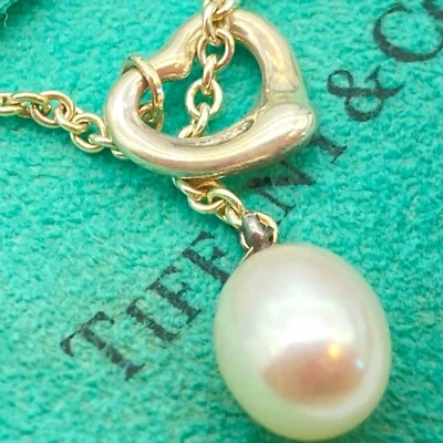 Tiffany & Co. Open Heart Pearl Lariat Pendant Necklace 16" Elsa Peretti 5.8g - Image 1 of 4