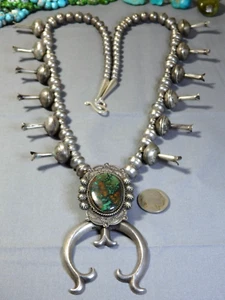 NAVAJO Jim Redfeather MERCURY DIME Sterling Silver TURQUOISE 29" SQUASH BLOSSOM - Picture 1 of 15