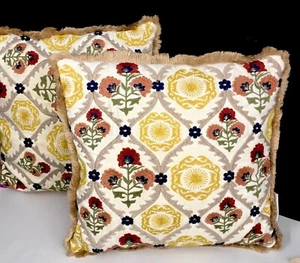 Bella Lux Crewel Embroidered Stitched Floral THROW PILLOWS Set of Two - Picture 1 of 12