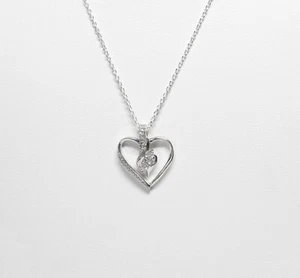 Sterling Silver 1/4ct TW Natural Diamond 18mm Heart Pendant w/18" SS Cable Chain - Picture 1 of 10