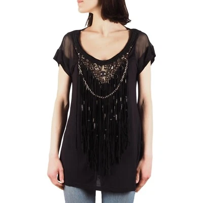 Roberto Cavalli Women's Jewel Embellished Fringed Tunic Top Black IT 42 / US 8 - Image 1 of 4