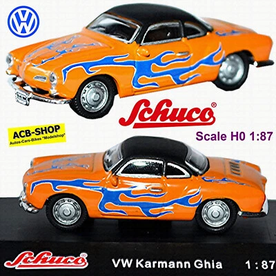 VW Karmann Ghia Coupè Roads On Fire Con Flammendesign Arancione 1:87 Schuco - Immagine 1 di 4