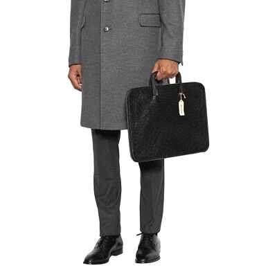 K de Luxe Dell'Ga Milano Fait à la Main Noir Mallette Affaires Sac Autruche - Photo 1/4
