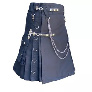 Scottish Black Utility Kilt Hybrid Gothic Style Kilt Highland Kilt For Men's - Picture 1 of 4