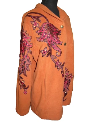 BOB MACKIE WEARABLE ART BEAUTIFUL BURNT ORANGE EMBROIDERED FLEECE JACKET LARGE - Image 1 of 4