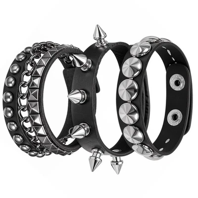 3 Pezzi Bracciale Punk Borchiato in Pelle Nera Donna Uomo Bracciale con Polsini - Immagine 1 di 4