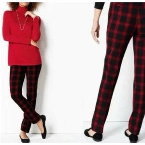 J Jill Tartain Plaid Premium Bi Stretch Pants Size 8 Red Black Ponte Knit - Picture 1 of 13