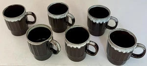 Set of 6 Japan Brown Stoneware Stackable Mugs with Gray Drip Glaze 3.5" Tall MCM - Picture 1 of 13