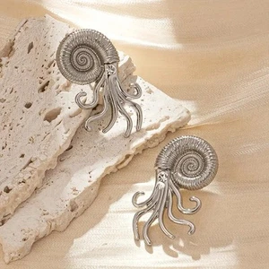 Anthropologie Nautilus Earrings Fossil Shell Silver CZ Conch Sea Animal Octopus - Picture 1 of 7