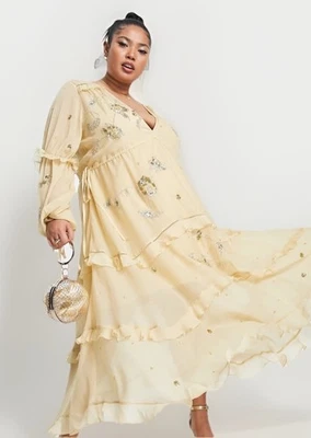 ASOS Design Curve A-Line Dress Sheer Gold Floral Sequin Size 20 Retail: $140 - Image 1 of 4