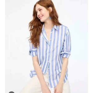 J.Crew Striped Nautical Boho Linen-Blend Collared Button-up Shirt Women's Sz L  - Picture 1 of 6