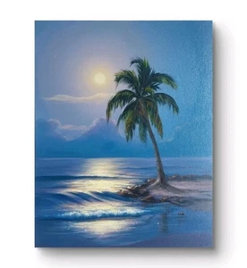 Moonlight Seascape Oil Painting Original Tropical Florida Landscape 11×14 - Picture 1 of 7