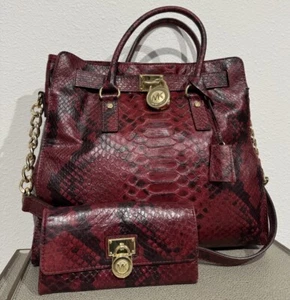 Michael Kors Large Hamilton Tote Red & Black Python Embossed Leather + Wallet - Picture 1 of 20