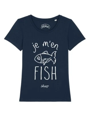 T-shirt  femme manches courtes JE M'EN FISH couleur bleu marine - Photo 1/2