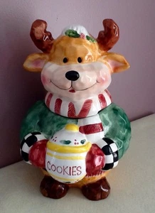 Tarro de galletas de reno vacaciones de Navidad 11" de alto caprichoso y colorido rojo y verde - Imagen 1 de 7