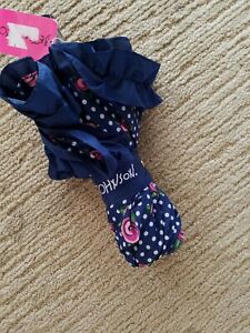 BETSEY JOHNSON blue ruffle polkadot pink flowers tinted lucite handle umbrella 